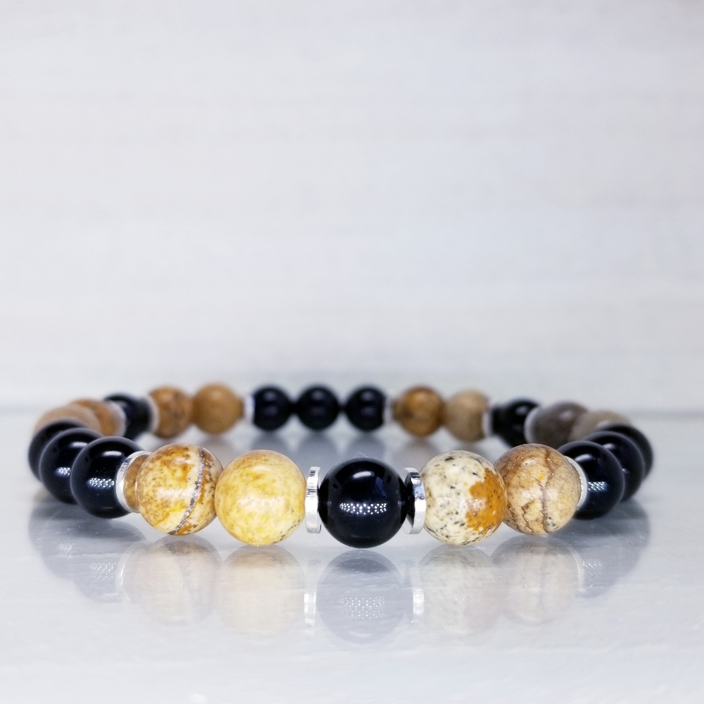 Picture Jasper & Onyx Beaded Stretch Bracelet
